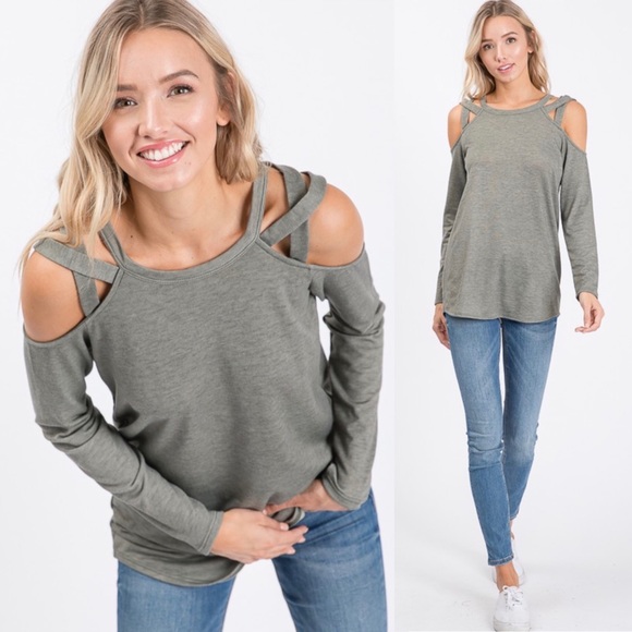 Olive Cold Shoulder Long Sleeve Top - Picture 7 of 7